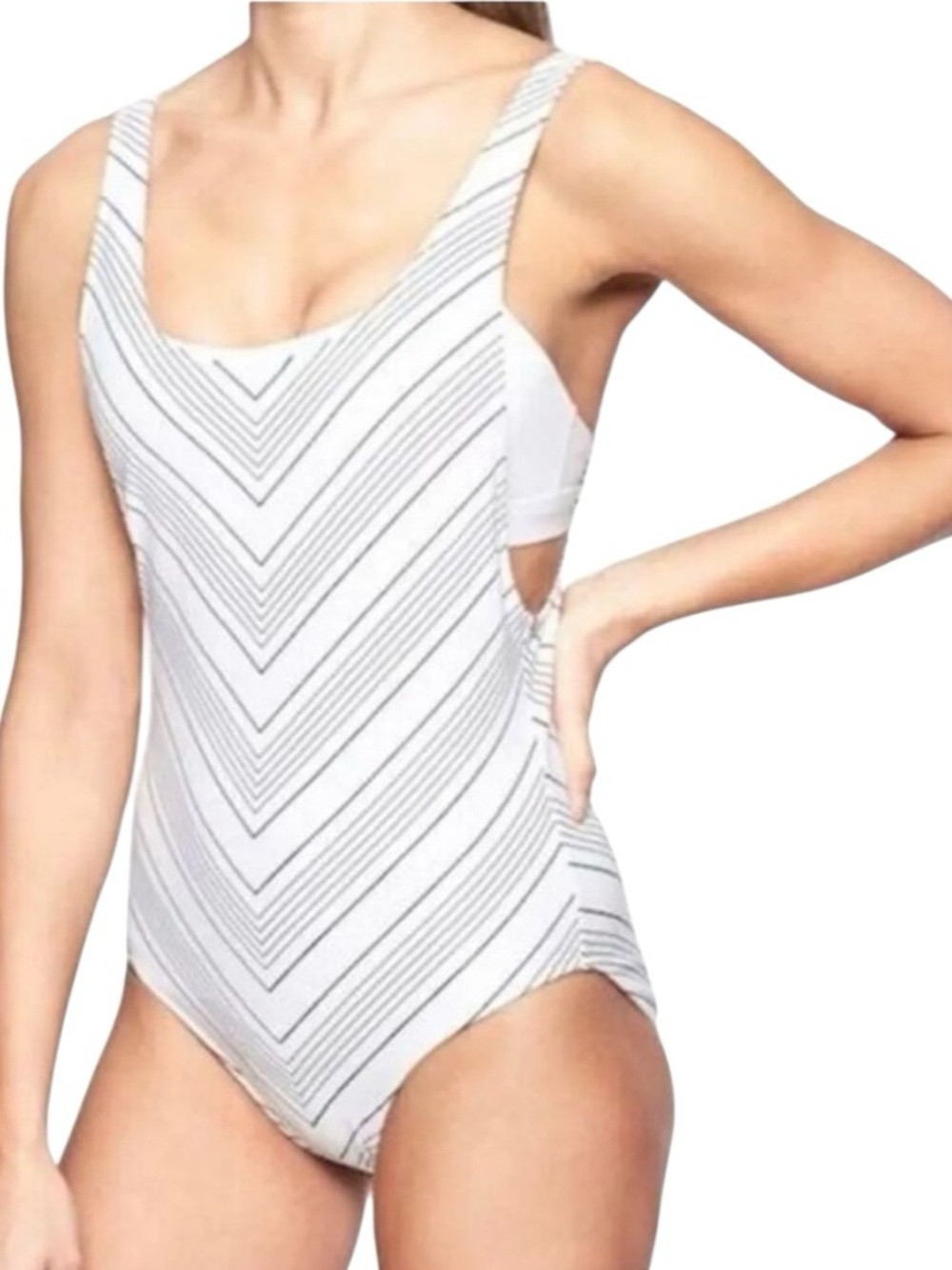 NWT Athleta Chevron High Leg One Piece Swimsuit 34D/DD Black White UPF 50+